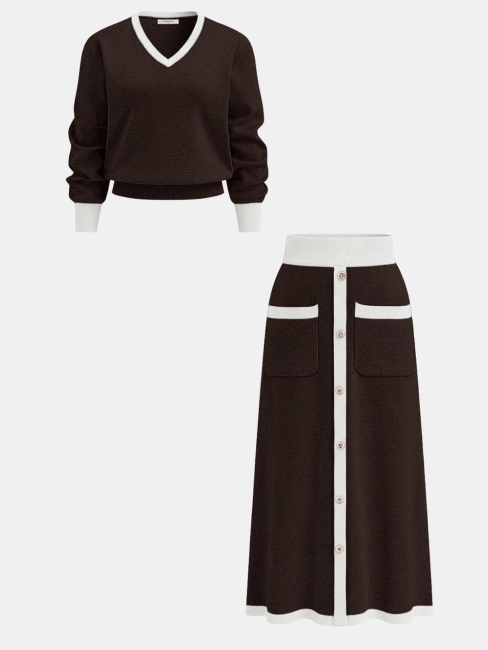 Commense V-Neck Sweater and Button-Front Maxi Skirt Set - Brown & White - Picture 2 of 5